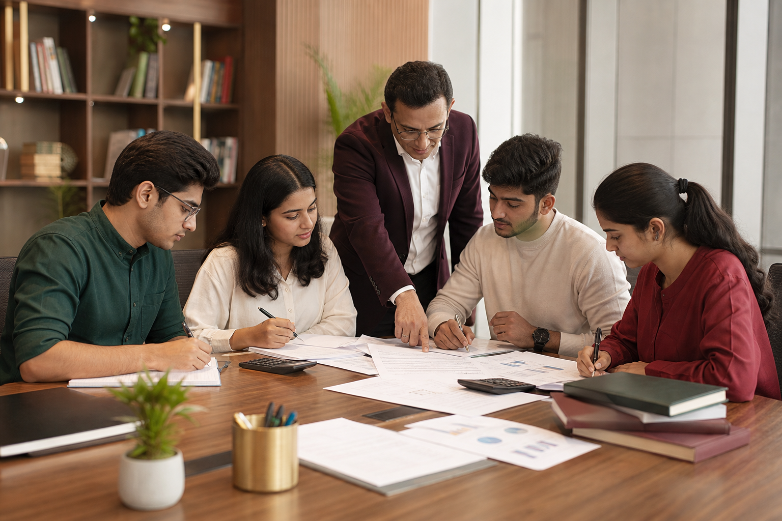CMA Foundation students analysing cost sheets with a mentor